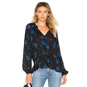 Parker Blouse Womens Small Black Blue Silk Floral Rosaline Cottagecore Top Shirt